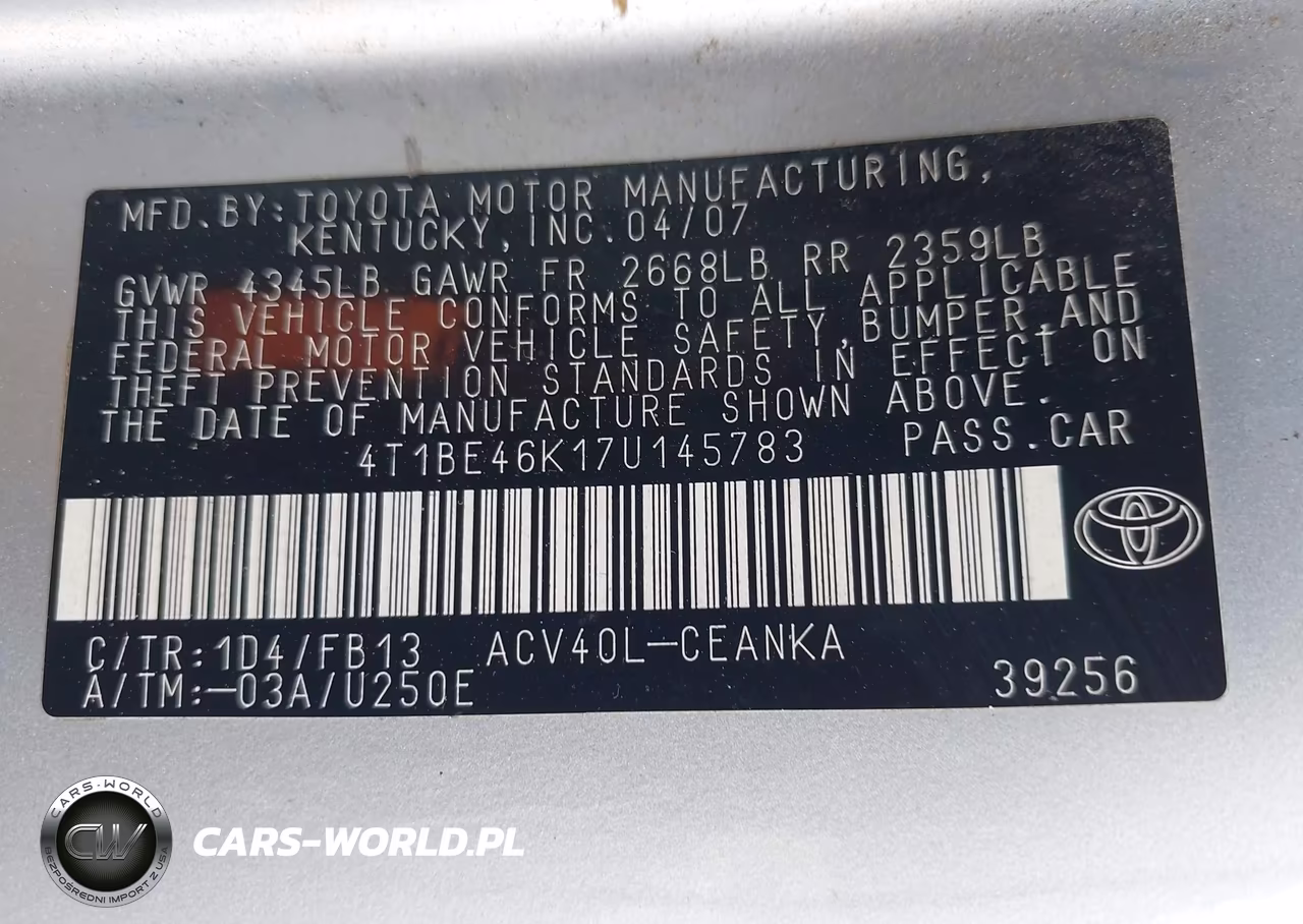 2007 Toyota Camry Le VIN:4T1BE46K17U145783 - 9