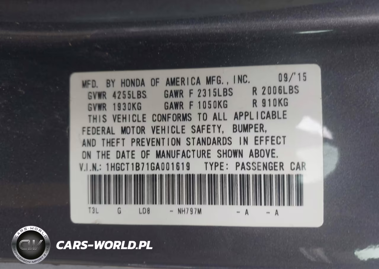 2016 Honda Accord Ex VIN:1HGCT1B71GA001619 - 9