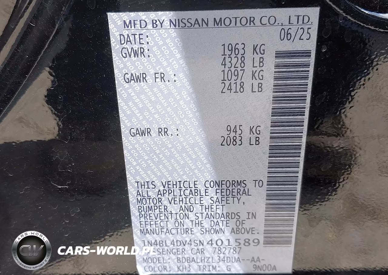 2025 Nissan Altima Sv Fwd VIN:1N4BL4DV4SN401589 - 9