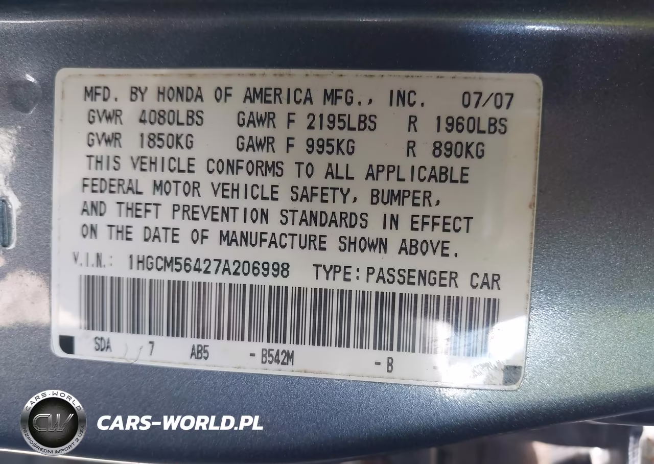 2007 Honda Accord 2.4 Lx VIN:1HGCM56427A206998 - 9