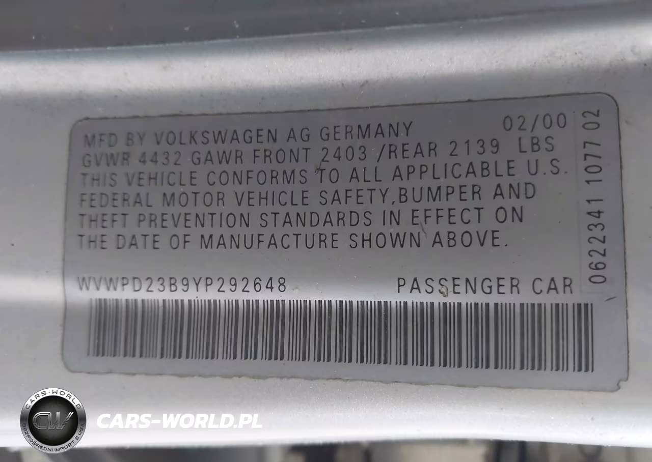 2000 Volkswagen Passat Glx VIN:WVWPD23B9YP292648 - 9