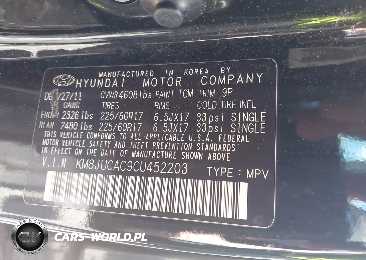 2012 Hyundai Tucson Gls VIN:KM8JUCAC9CU452203 - 9