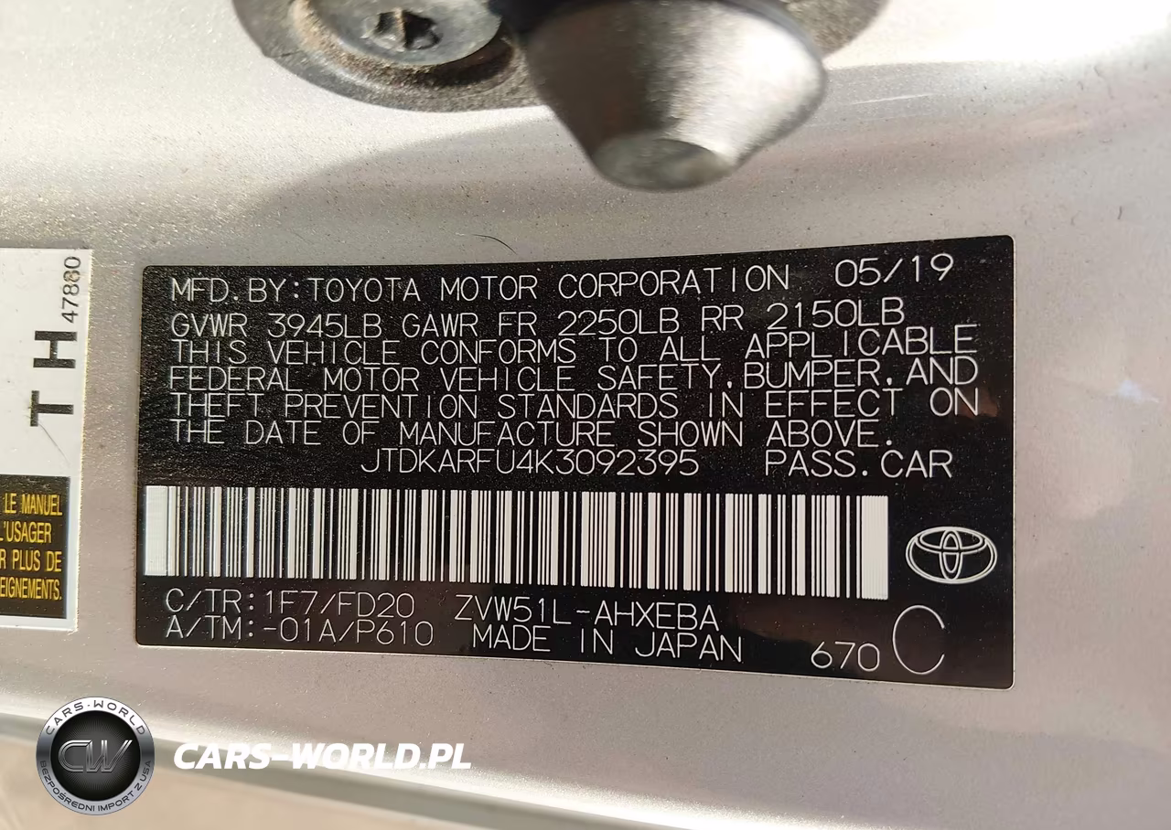 2019 Toyota Prius Le VIN:JTDKARFU4K3092395 - 9