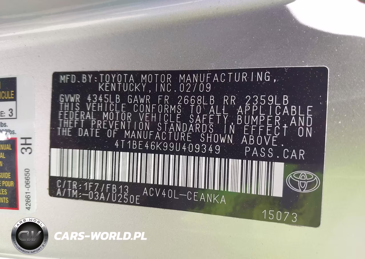 TOYOTA CAMRY VIN:4T1BE46K99U409349 - 9