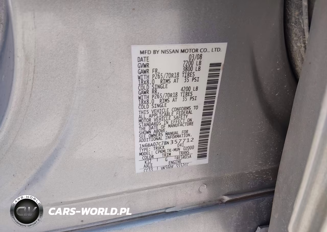 2008 Nissan Titan Xe VIN:1N6BA07C78N357712 - 9