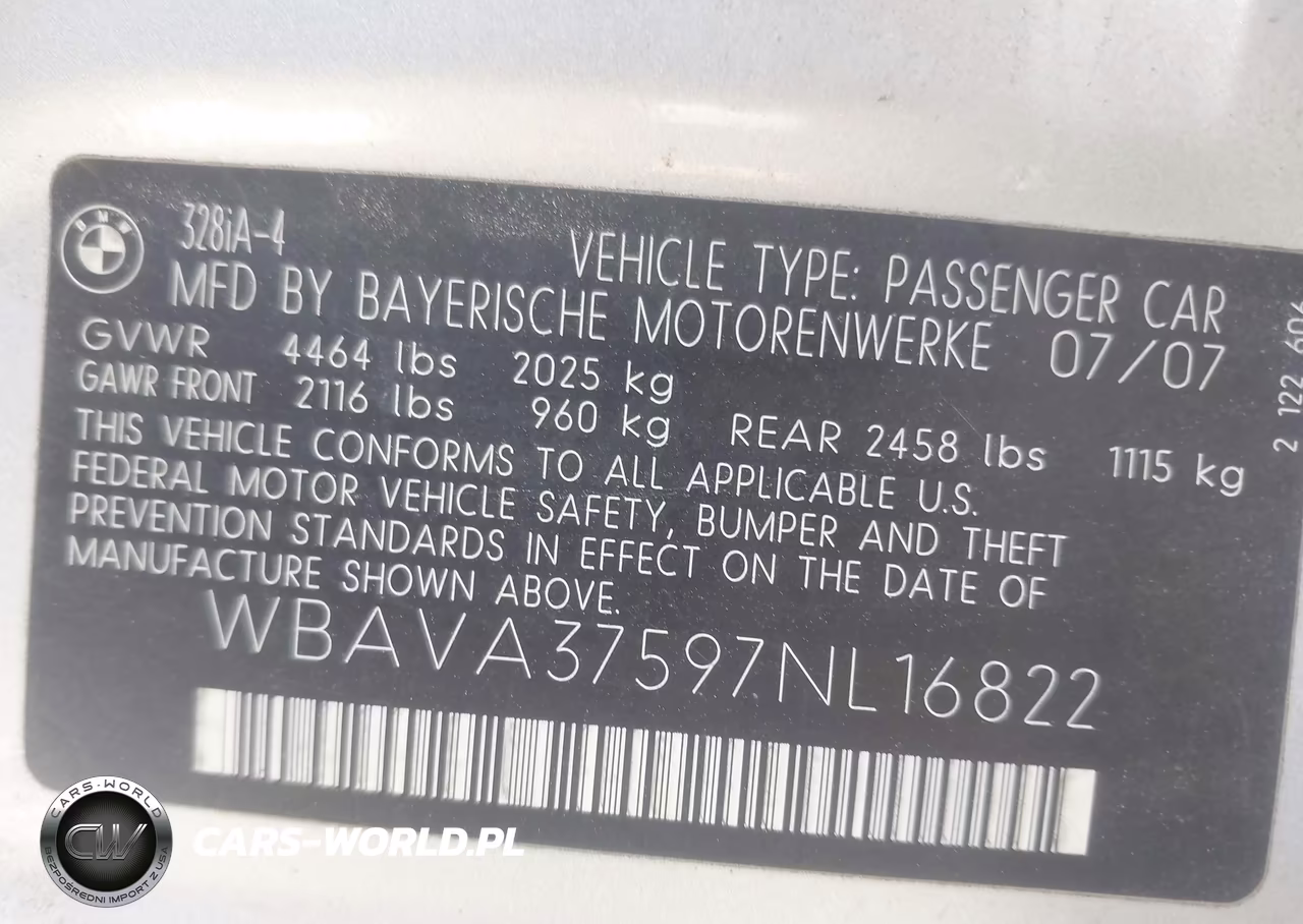 2007 BMW 328I VIN:WBAVA37597NL16822 - 9