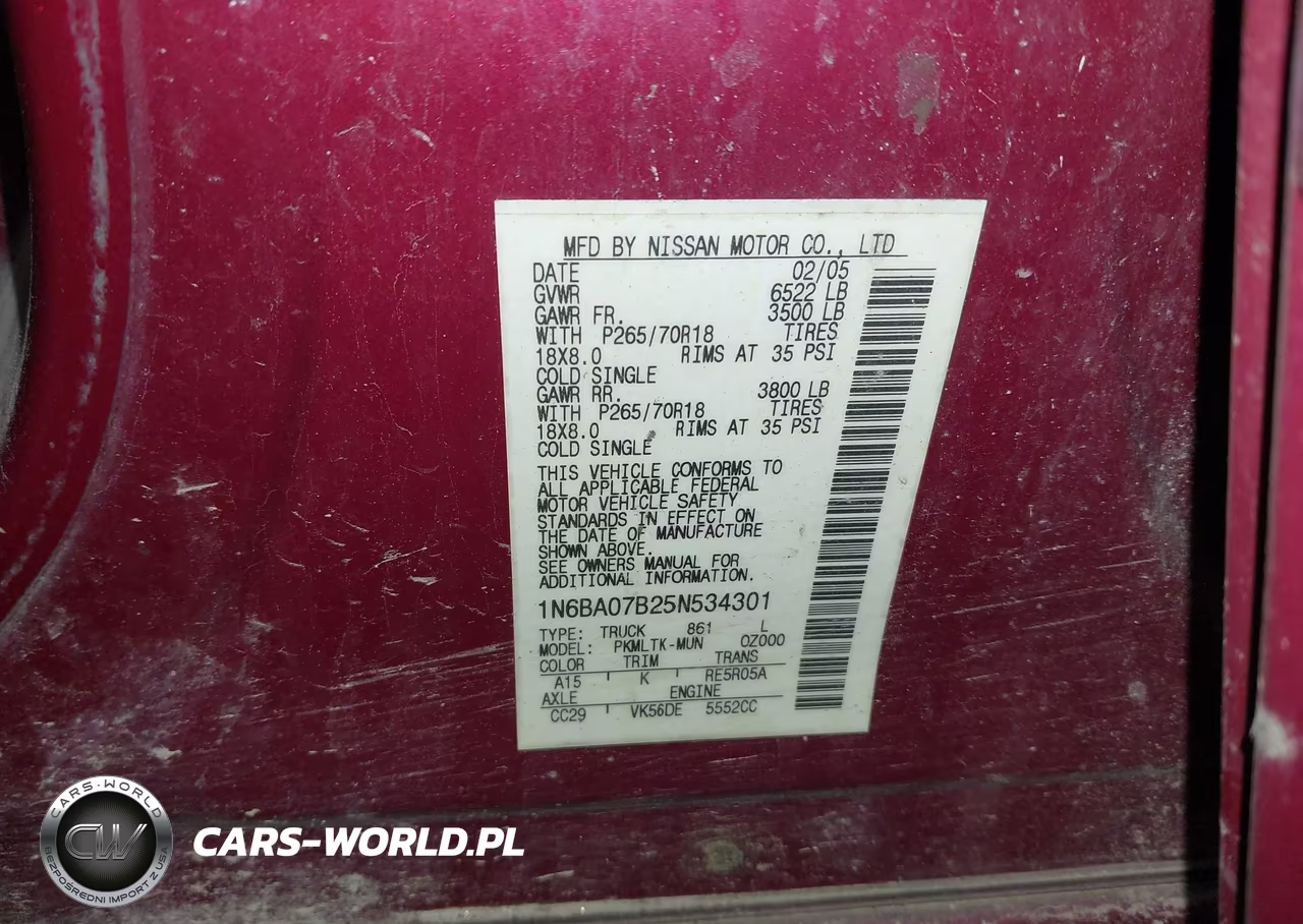 2005 Nissan Titan Se VIN:1N6BA07B25N534301 - 9