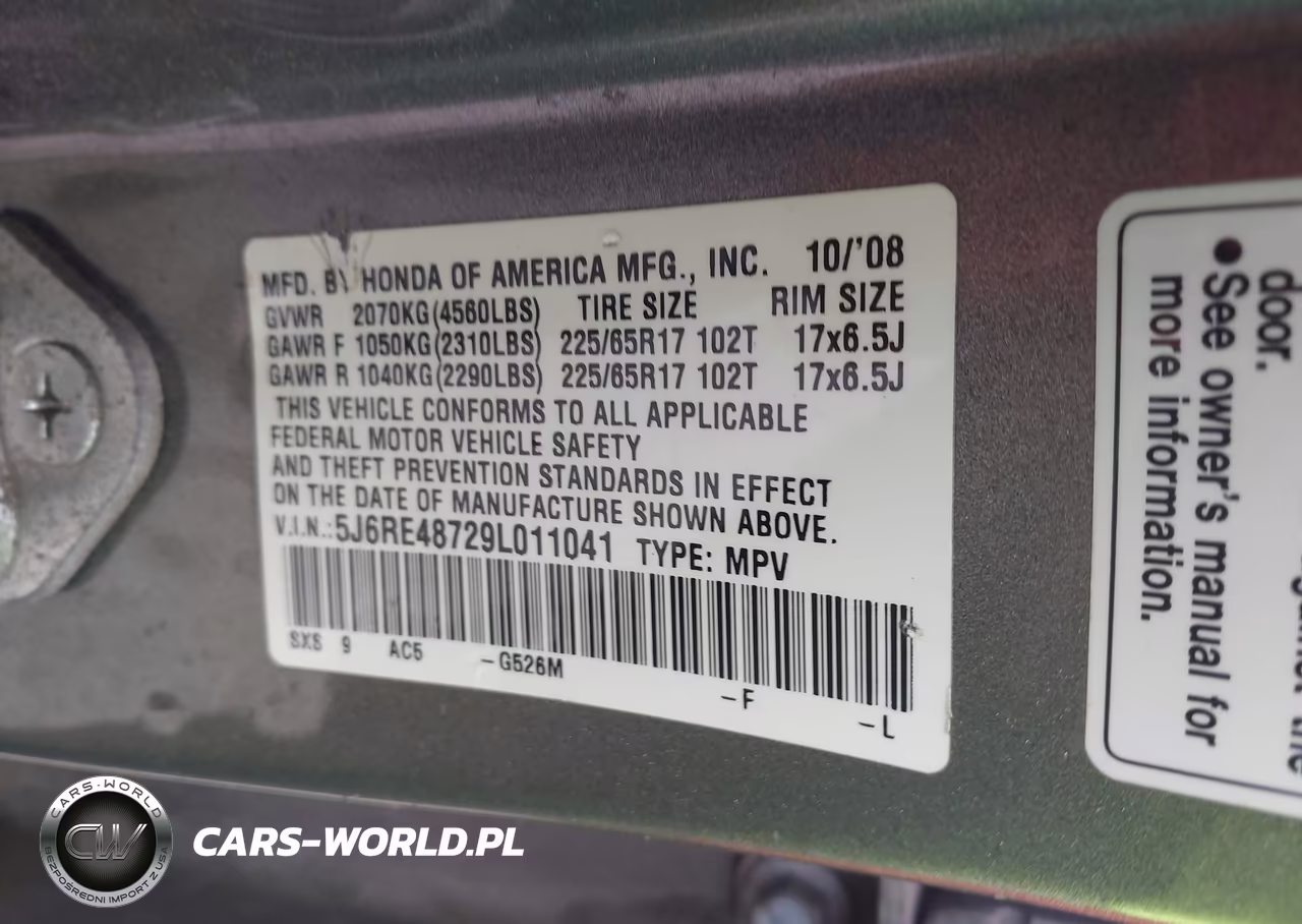 2009 Honda Cr-V Ex-L VIN:5J6RE48729L011041 - 9