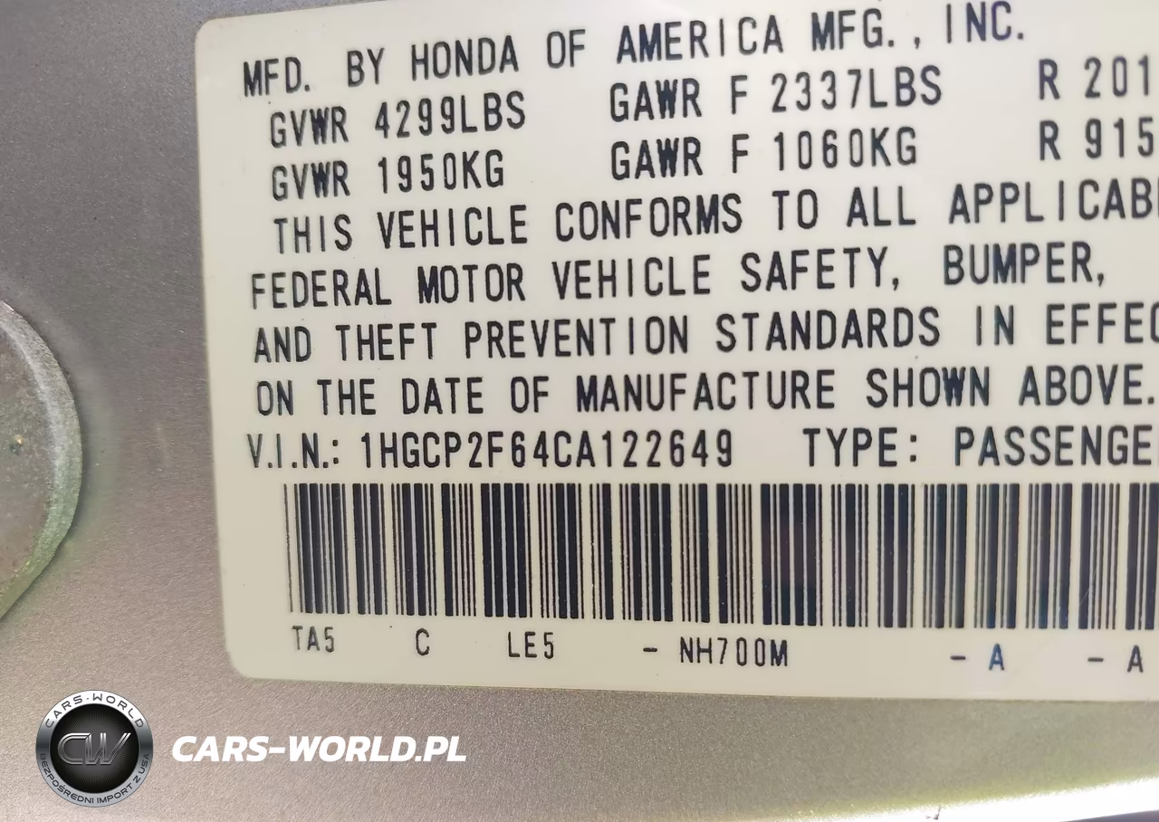 2012 Honda Accord 2.4 Se VIN:1HGCP2F64CA122649 - 9