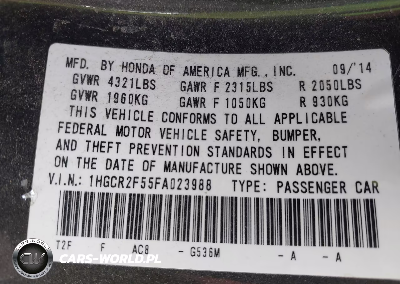2015 Honda Accord Sport VIN:1HGCR2F55FA023988 - 9