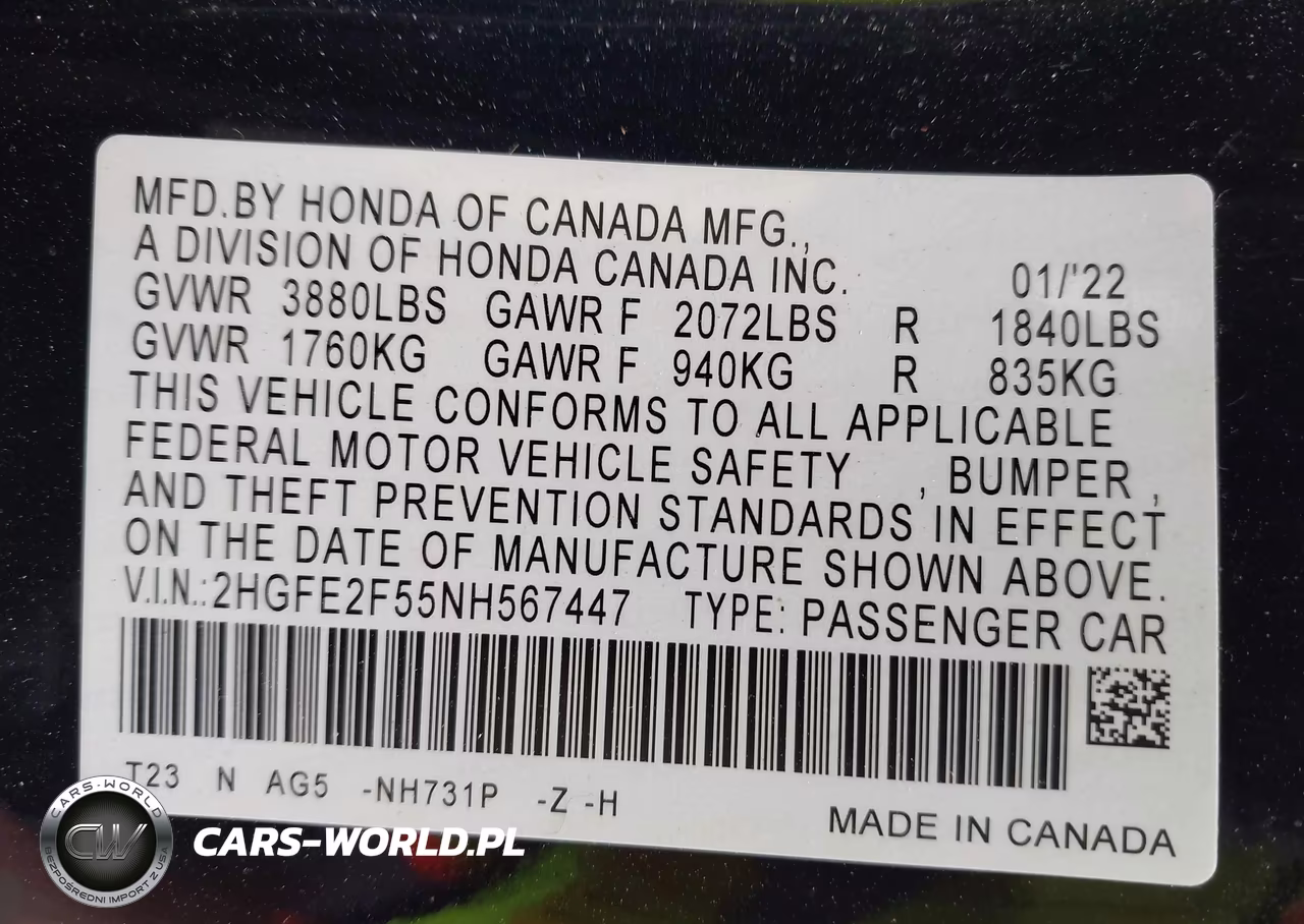 2022 Honda Civic Sport VIN:2HGFE2F55NH567447 - 9