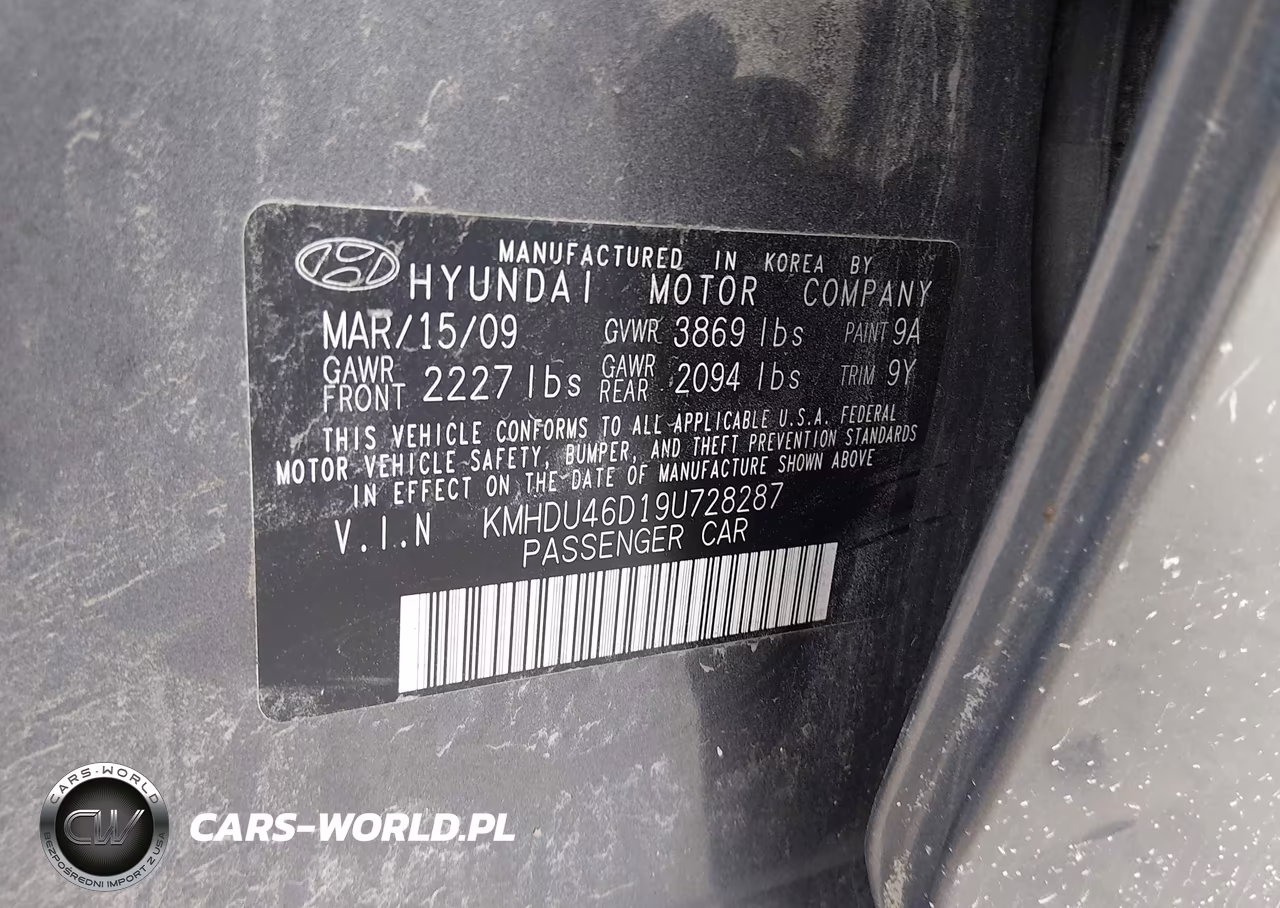 2009 Hyundai Elantra Gls VIN:KMHDU46D19U728287 - 9