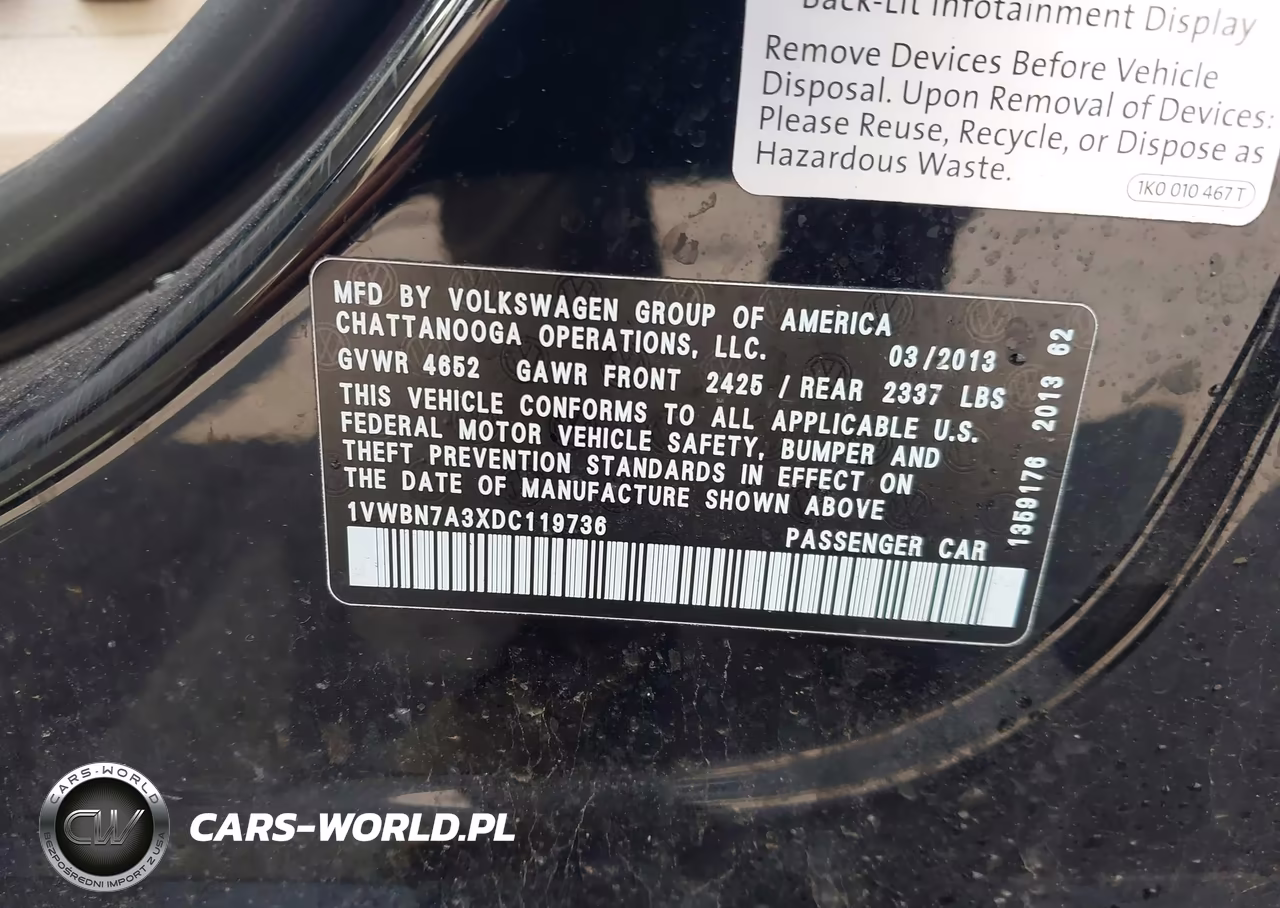 2013 Volkswagen Passat 2.0L Tdi Se VIN:1VWBN7A3XDC119736 - 9