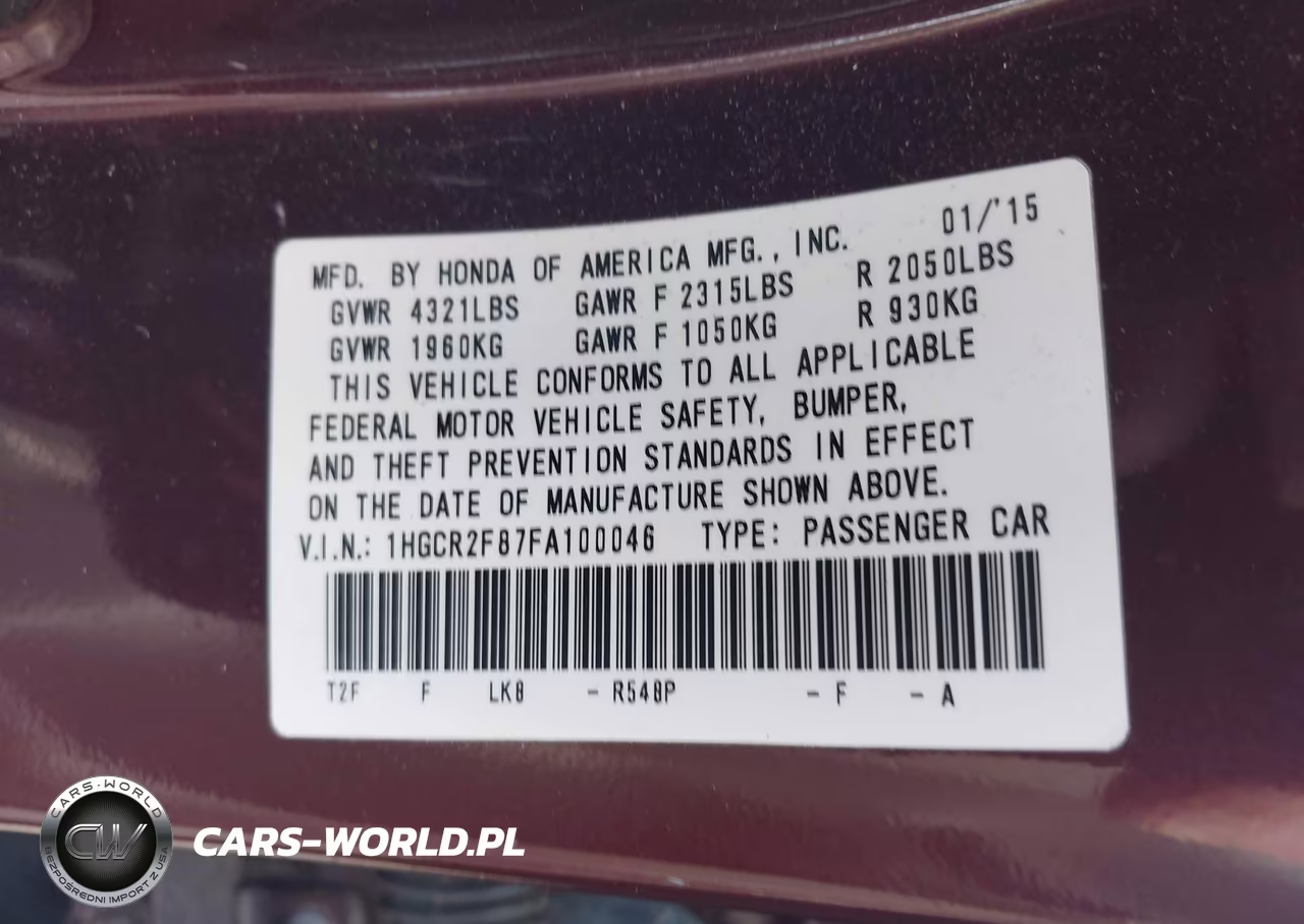 2015 Honda Accord Ex-L VIN:1HGCR2F87FA100046 - 9