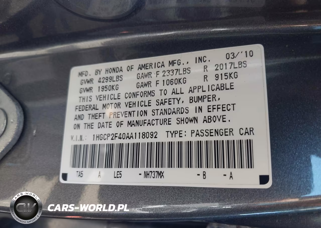 2010 Honda Accord 2.4 Lx-P VIN:1HGCP2F40AA118092 - 9