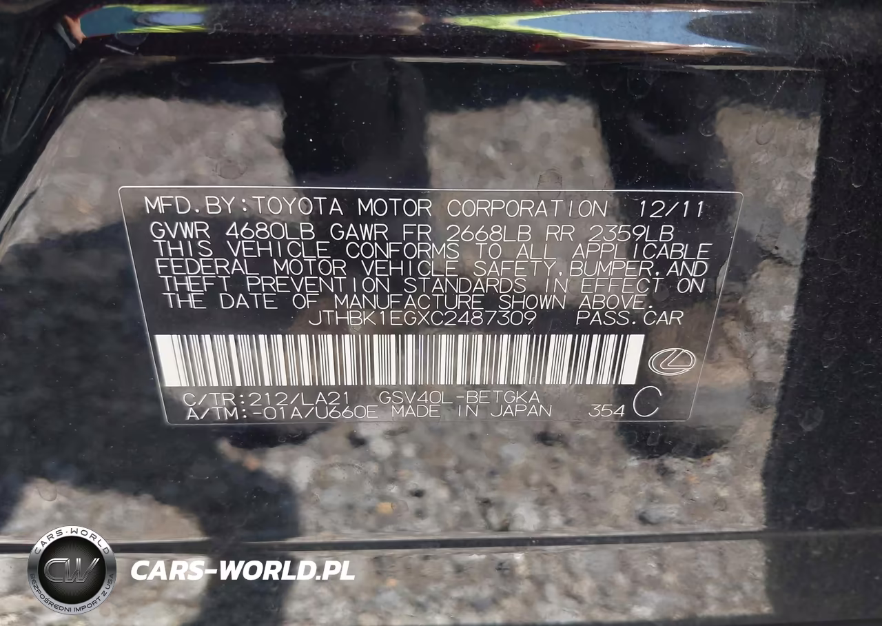 2012 Lexus Es 350 VIN:JTHBK1EGXC2487309 - 9