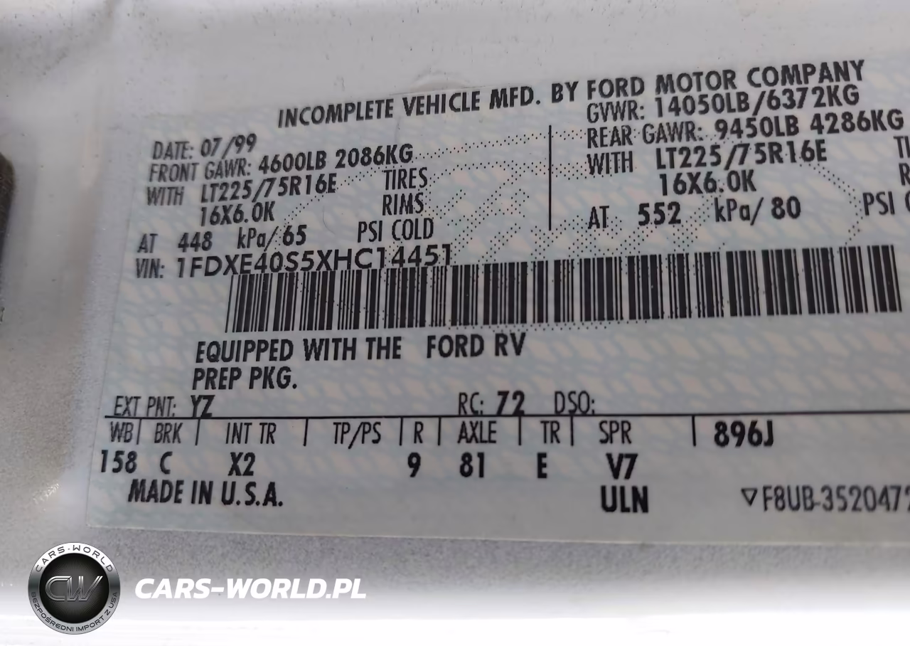 1999 Ford Econoline E450 Super Duty Cutwy Rv VIN:1FDXE40S5XHC14451 - 9