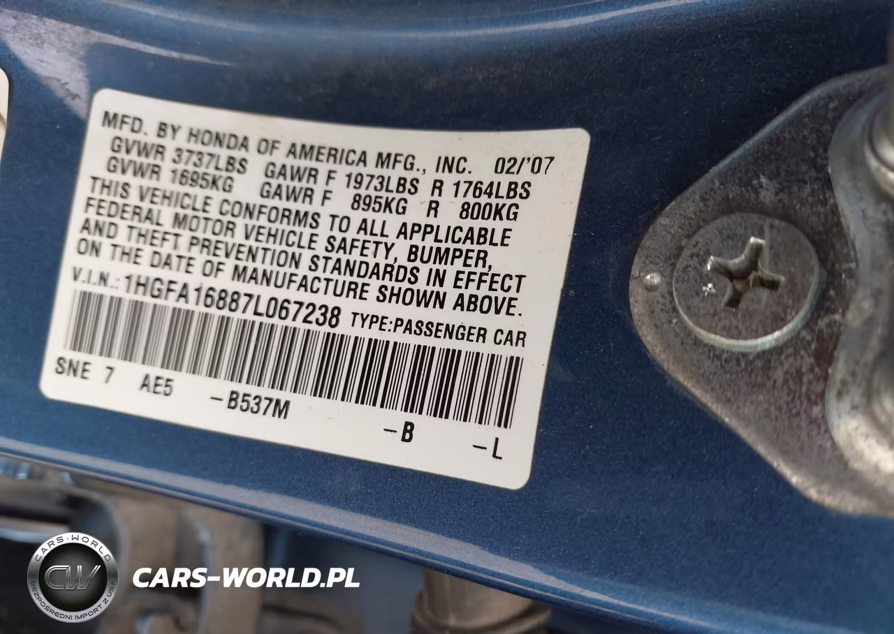 2007 Honda Civic Ex VIN:1HGFA16887L067238 - 9