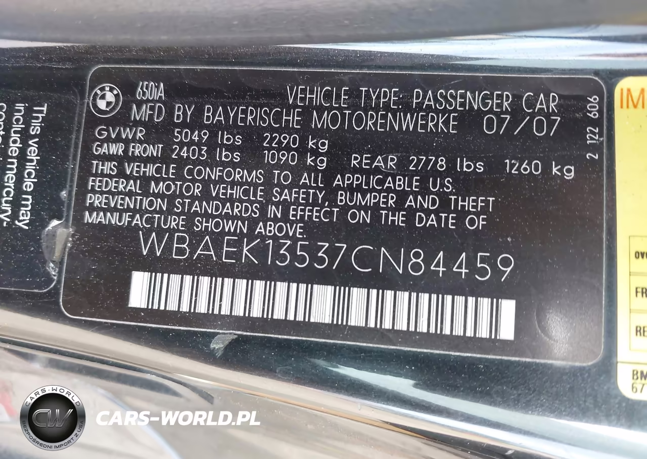2007 BMW 650I VIN:WBAEK13537CN84459 - 9