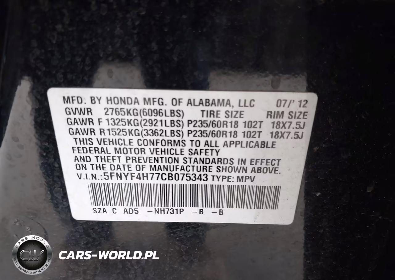 2012 Honda Pilot Ex-L VIN:5FNYF4H77CB075343 - 9