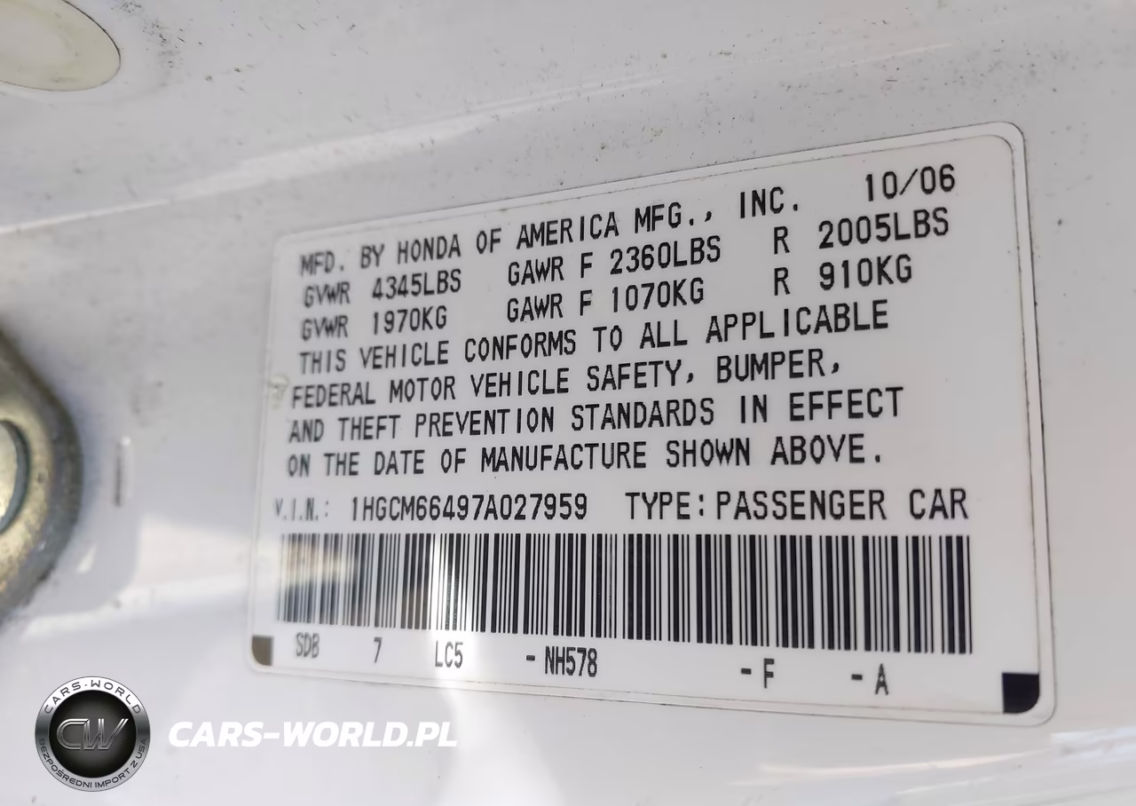 2007 Honda Accord 3.0 Se VIN:1HGCM66497A027959 - 9