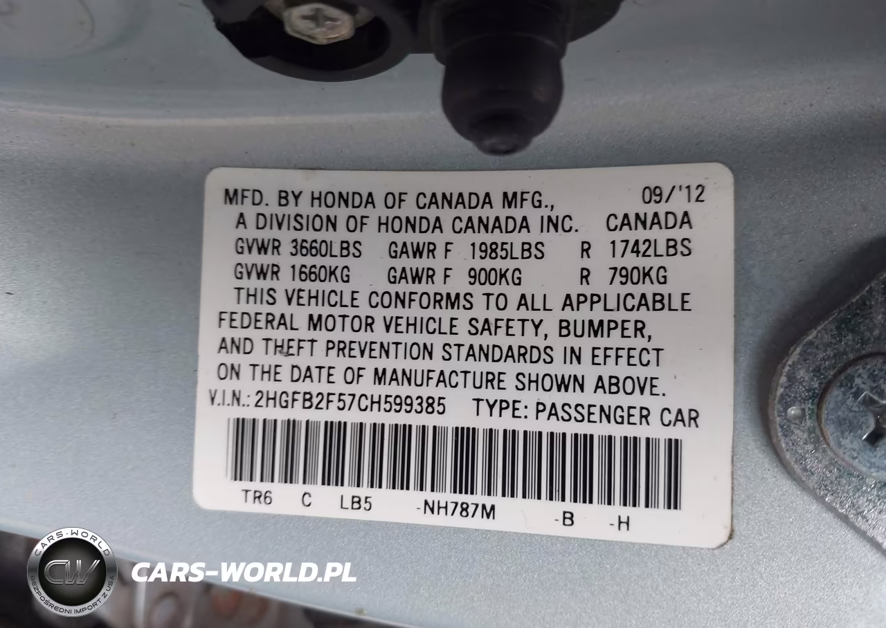 2012 Honda Civic Lx VIN:2HGFB2F57CH599385 - 9