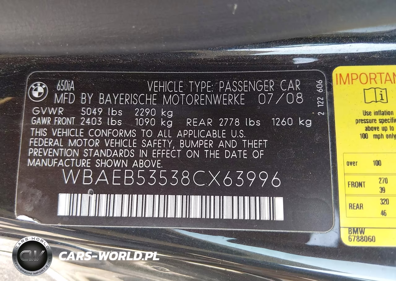 2008 BMW 650I VIN:WBAEB53538CX63996 - 9