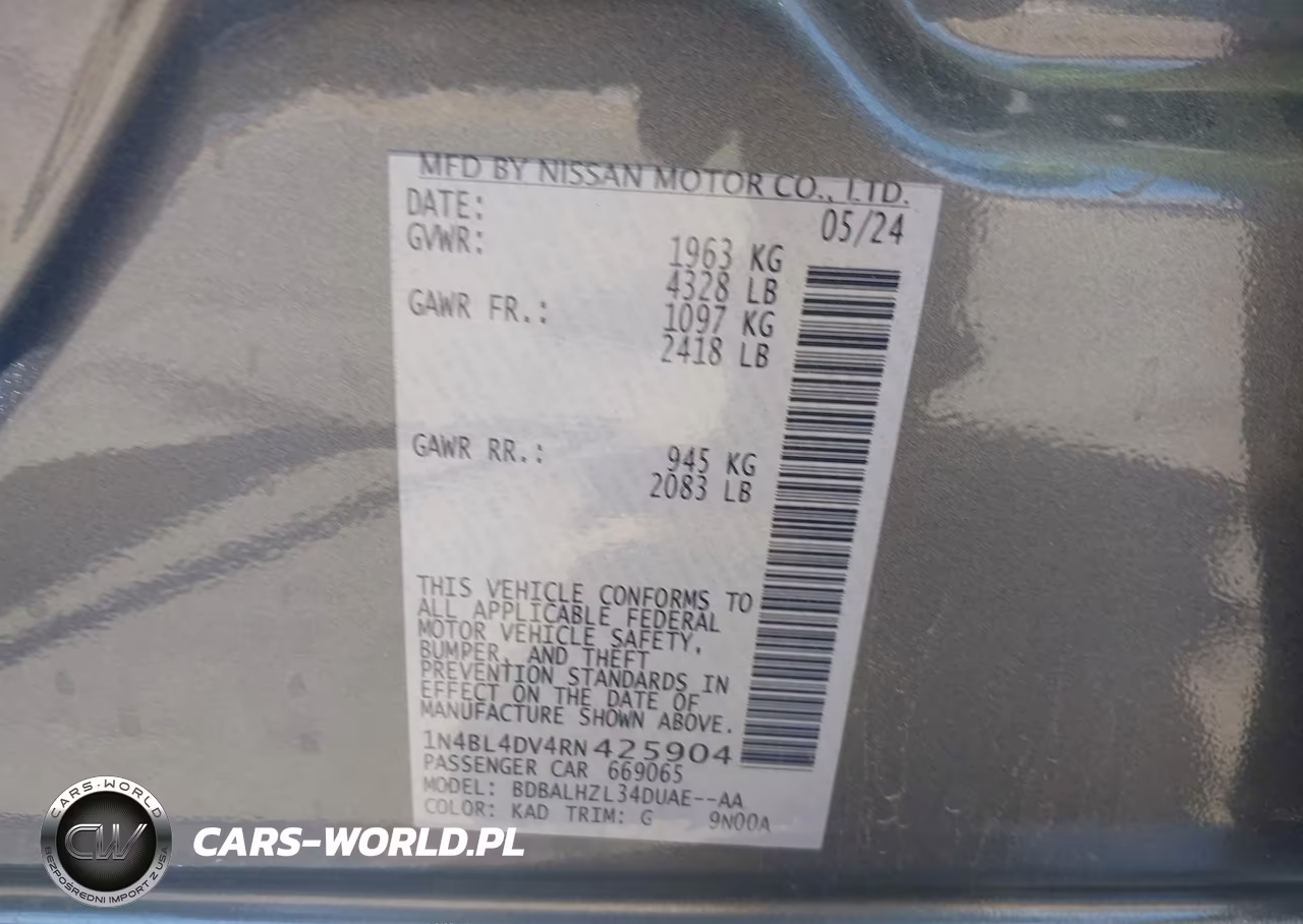 2024 Nissan Altima Sv Fwd VIN:1N4BL4DV4RN425904 - 9