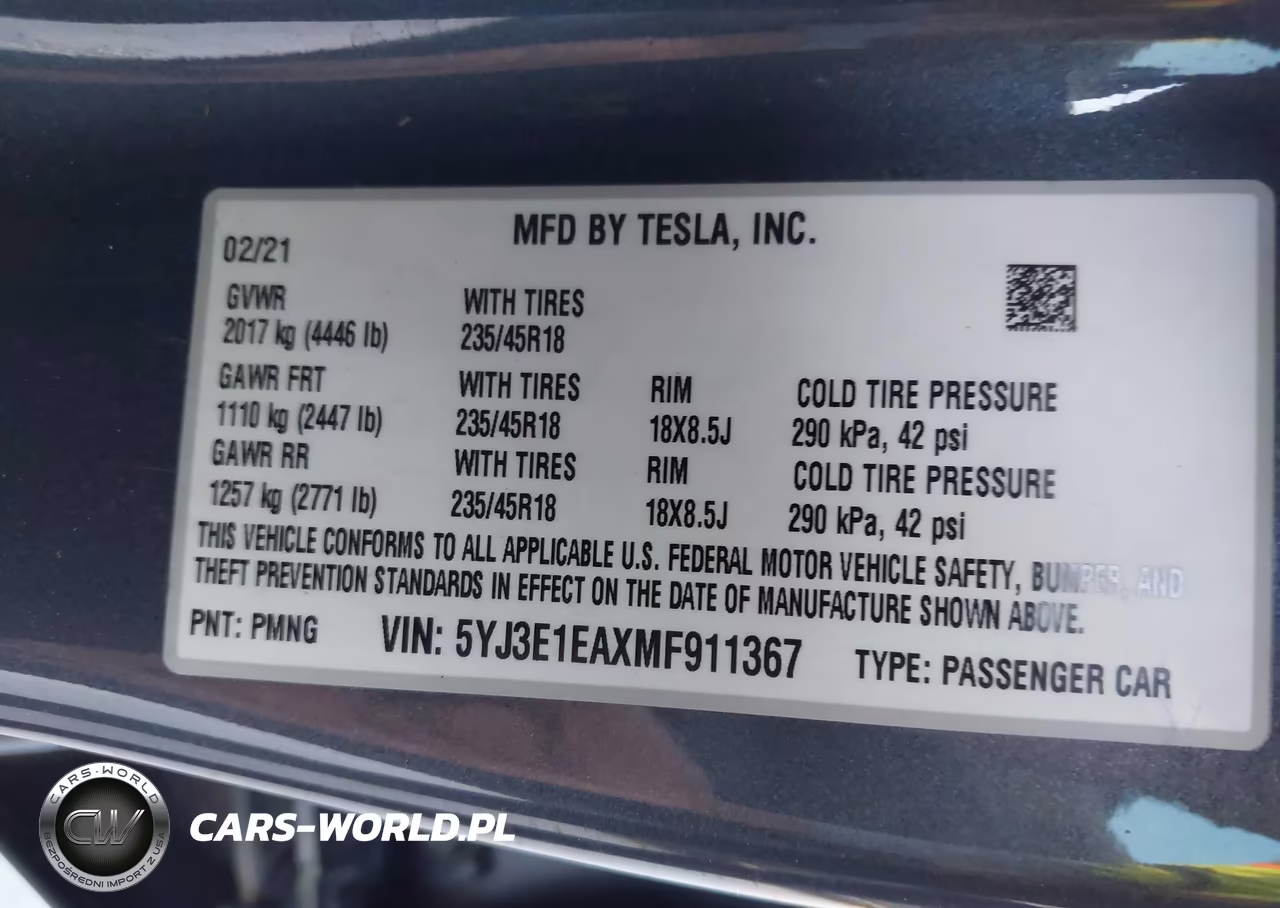 2021 Tesla Model 3 Standard Range Plus Rear-Wheel Drive VIN:5YJ3E1EAXMF911367 - 9