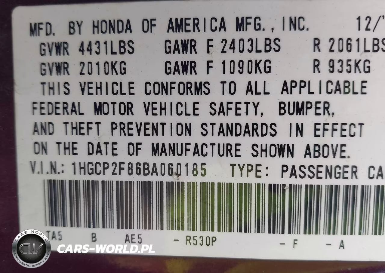 HONDA ACCORD VIN:1HGCP2F86BA060185 - 9
