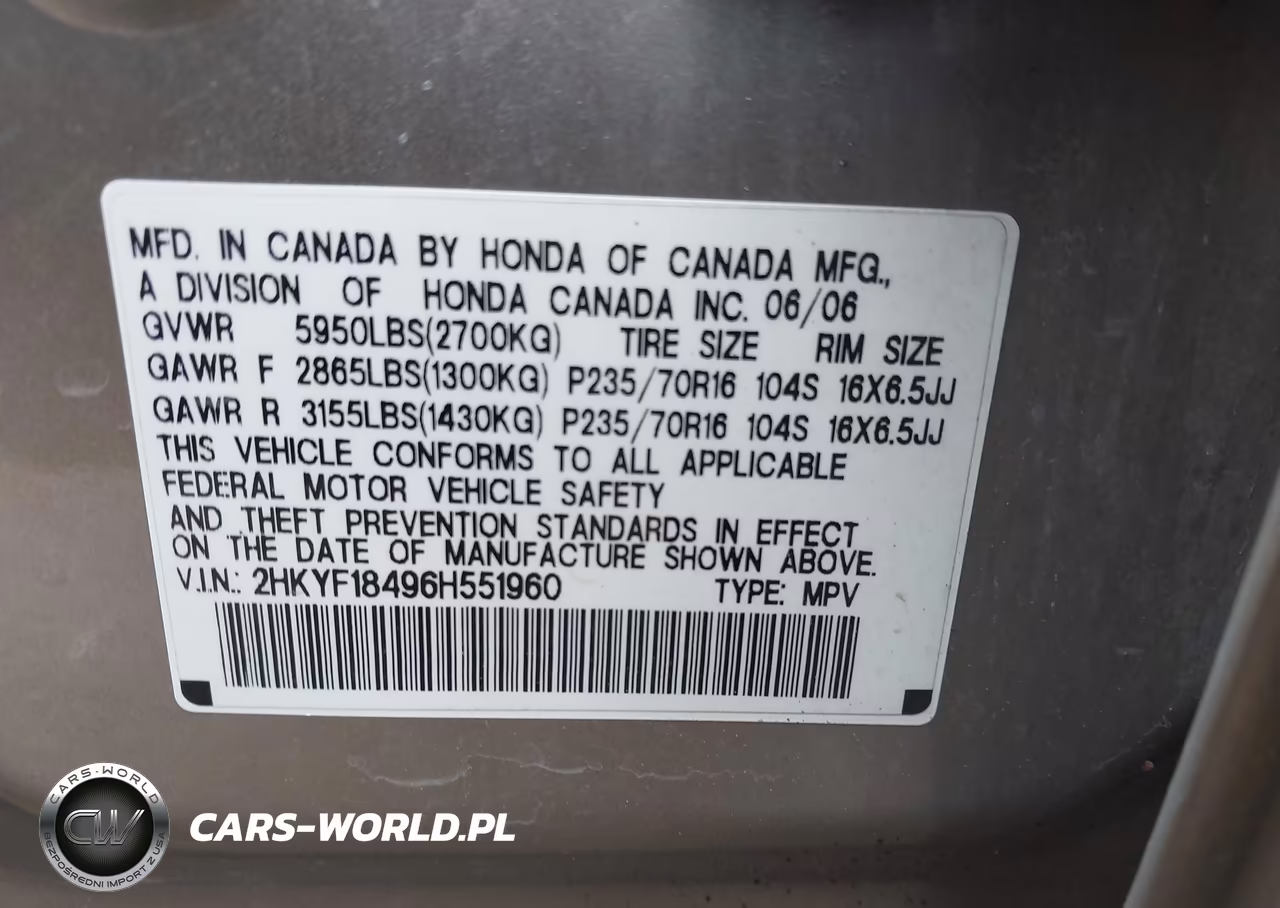 2006 Honda Pilot Ex VIN:2HKYF18496H551960 - 9