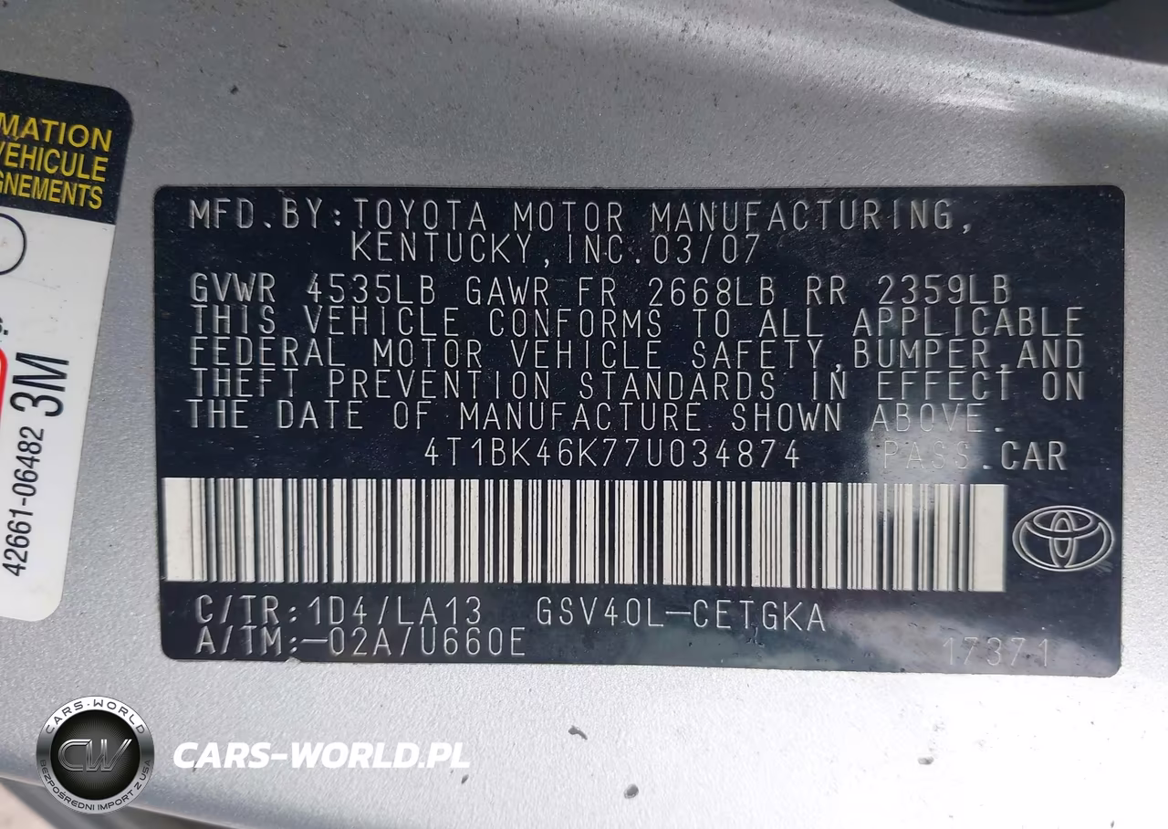 2007 Toyota Camry Xle V6 VIN:4T1BK46K77U034874 - 9