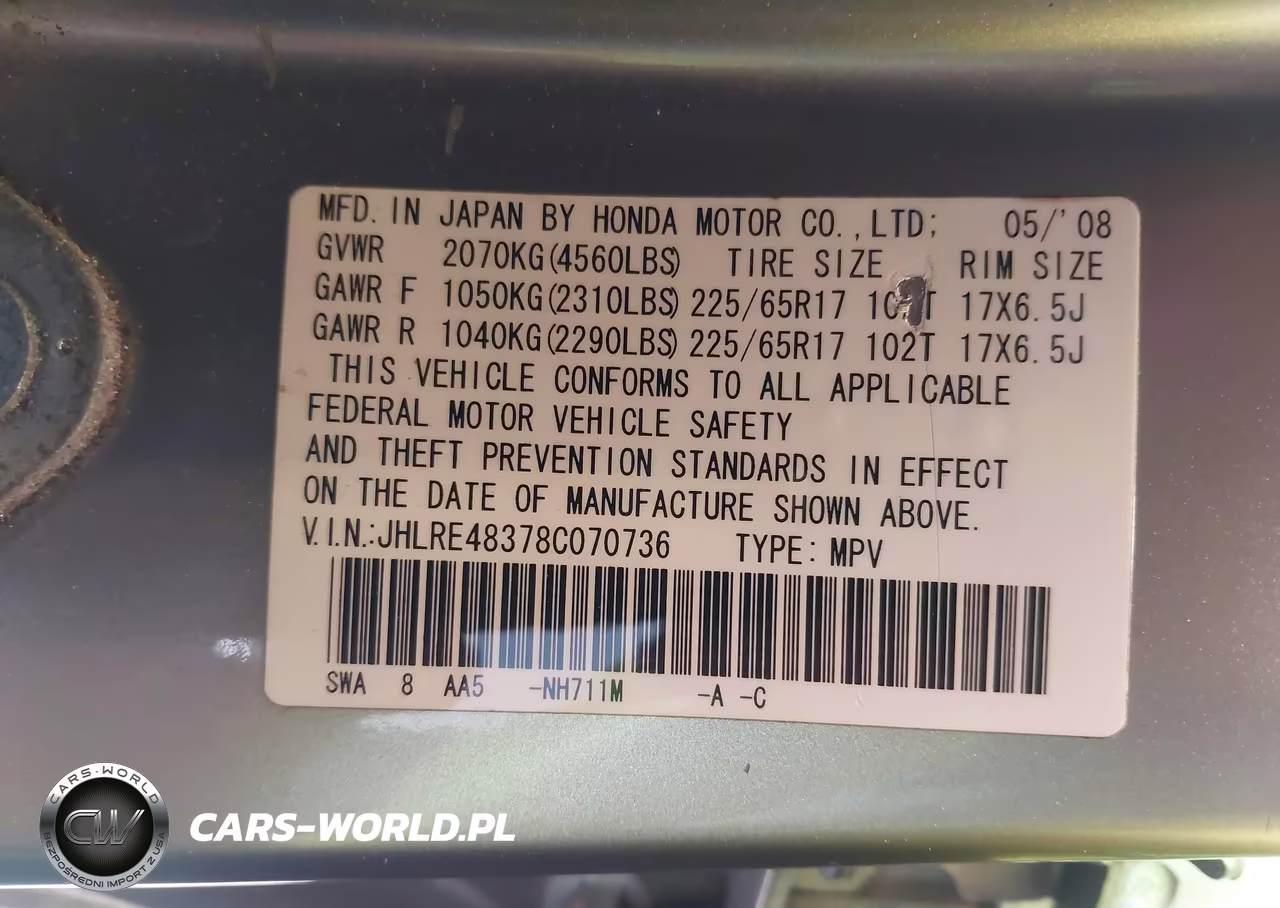 2008 Honda Cr-V Lx VIN:JHLRE48378C070736 - 9