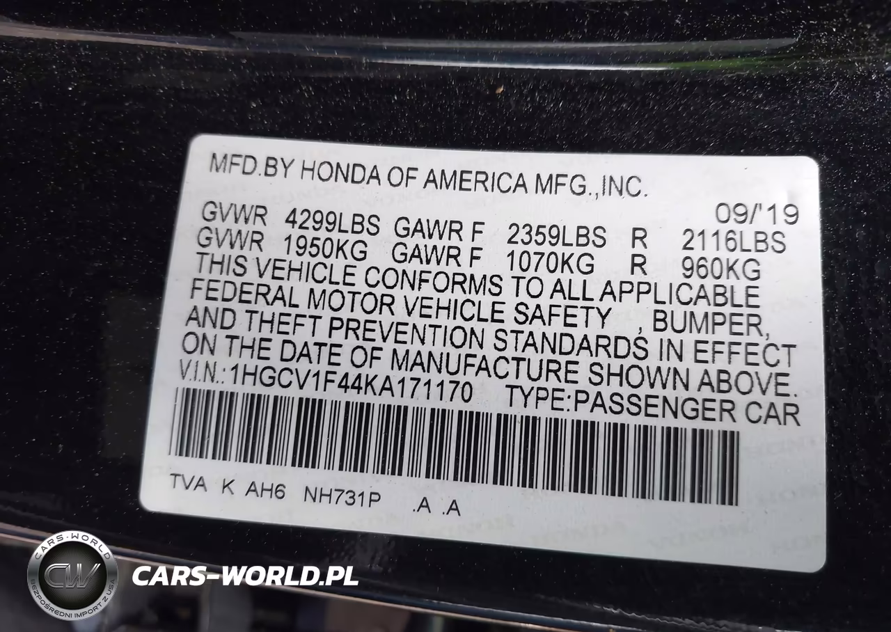 2019 Honda Accord Ex VIN:1HGCV1F44KA171170 - 9