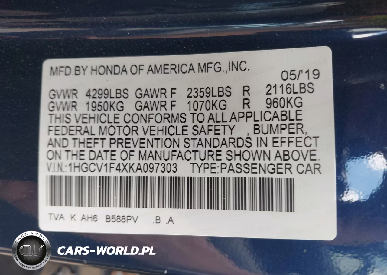 2019 Honda Accord Ex VIN:1HGCV1F4XKA097303 - 9