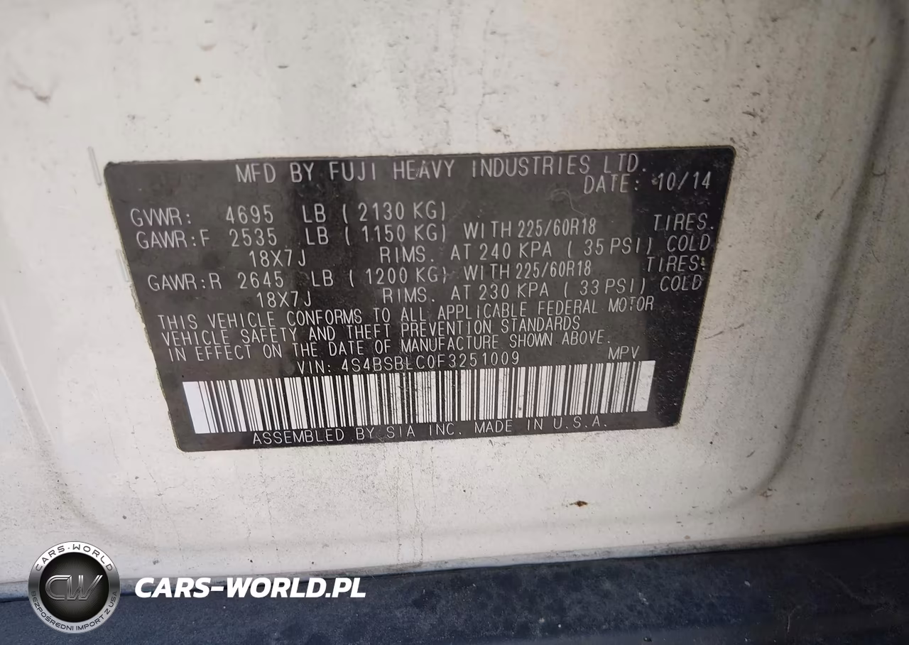 2015 Subaru Outback 2.5I Limited VIN:4S4BSBLC0F3251009 - 9