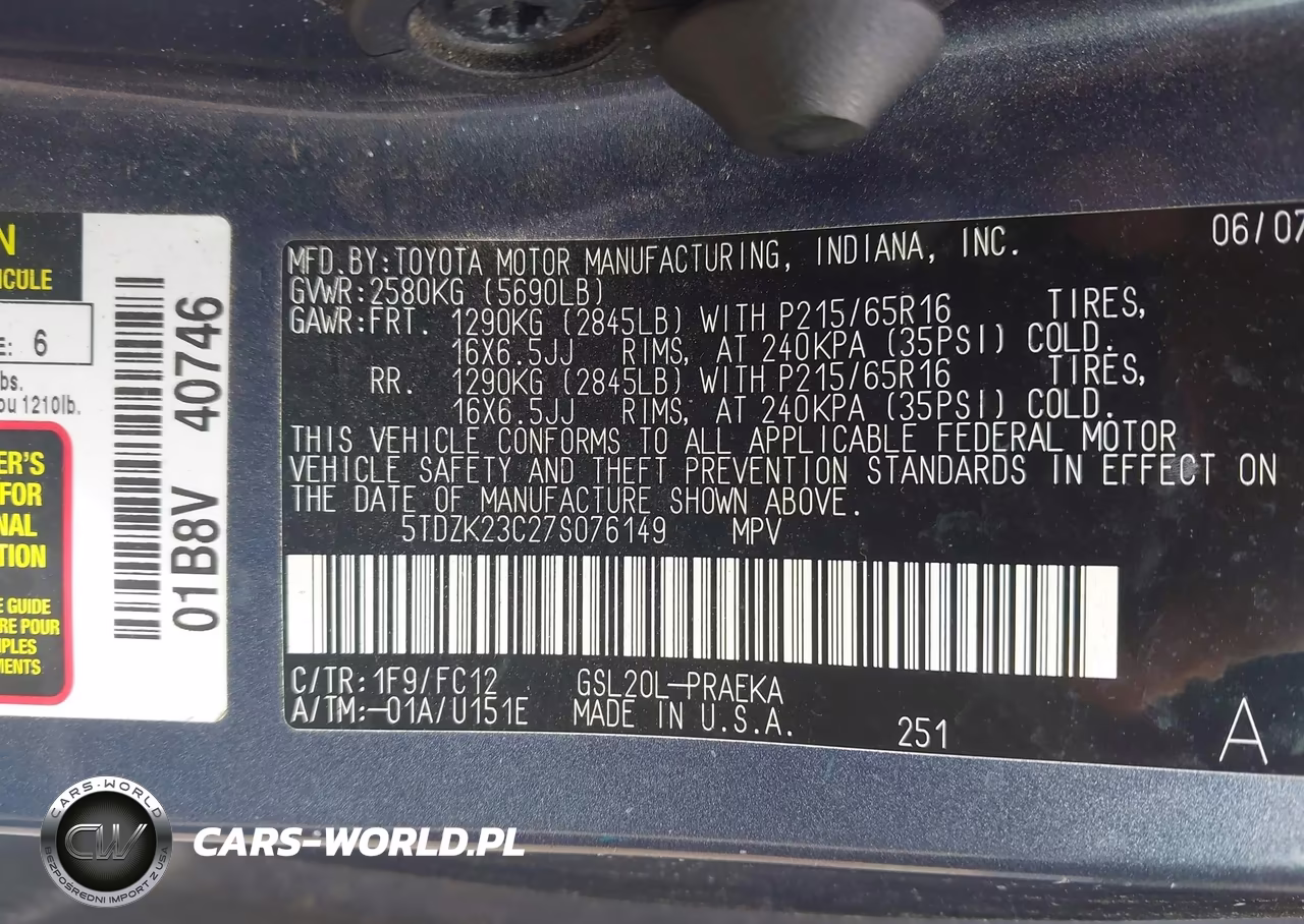 2007 Toyota Sienna Le VIN:5TDZK23C27S076149 - 9
