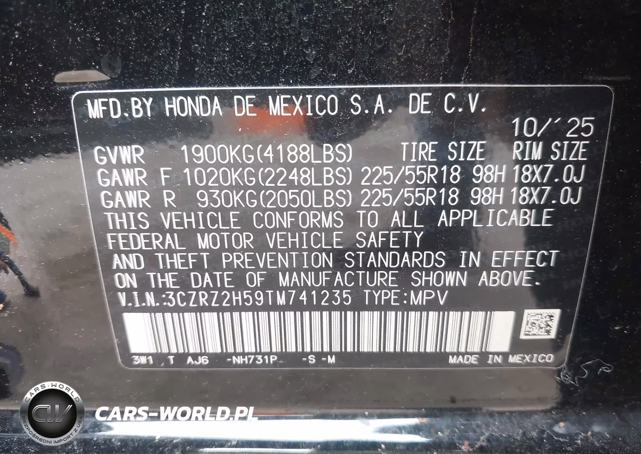 2026 Honda Hr-V Awd Sport VIN:3CZRZ2H59TM741235 - 9