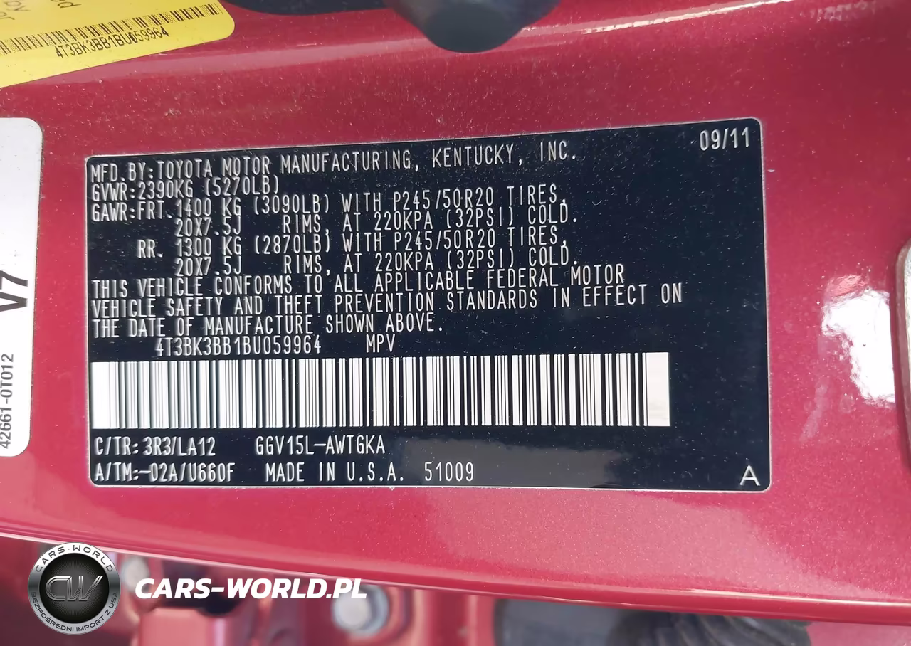 2011 Toyota Venza Base V6 VIN:4T3BK3BB1BU059964 - 9