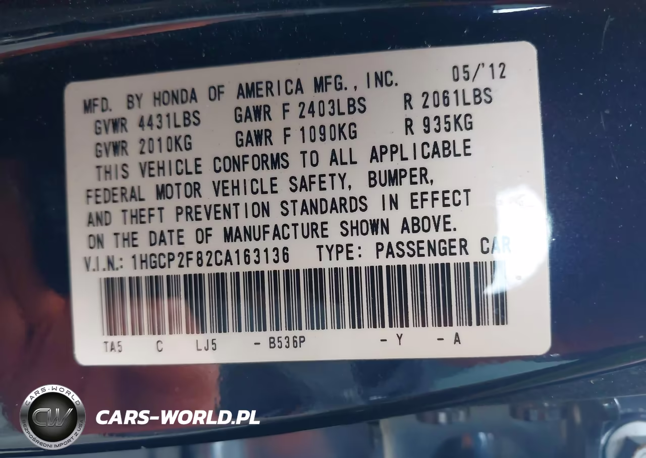 2012 Honda Accord 2.4 Ex-L VIN:1HGCP2F82CA163136 - 9