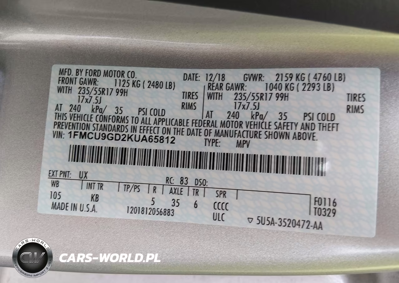 2019 Ford Escape Se VIN:1FMCU9GD2KUA65812 - 9