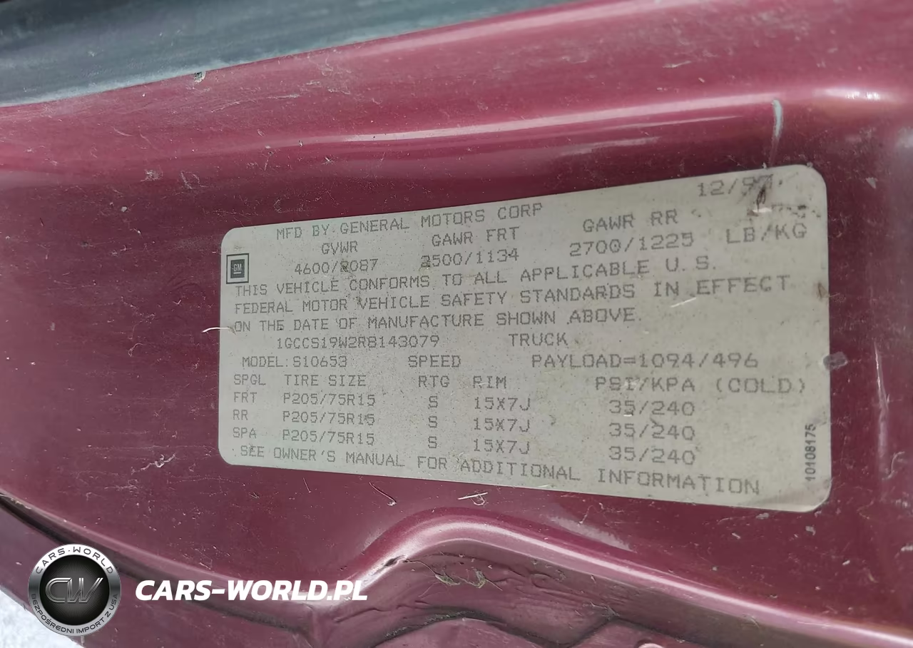 1994 Chevrolet S Truck S10 VIN:1GCCS19W2R8143079 - 9