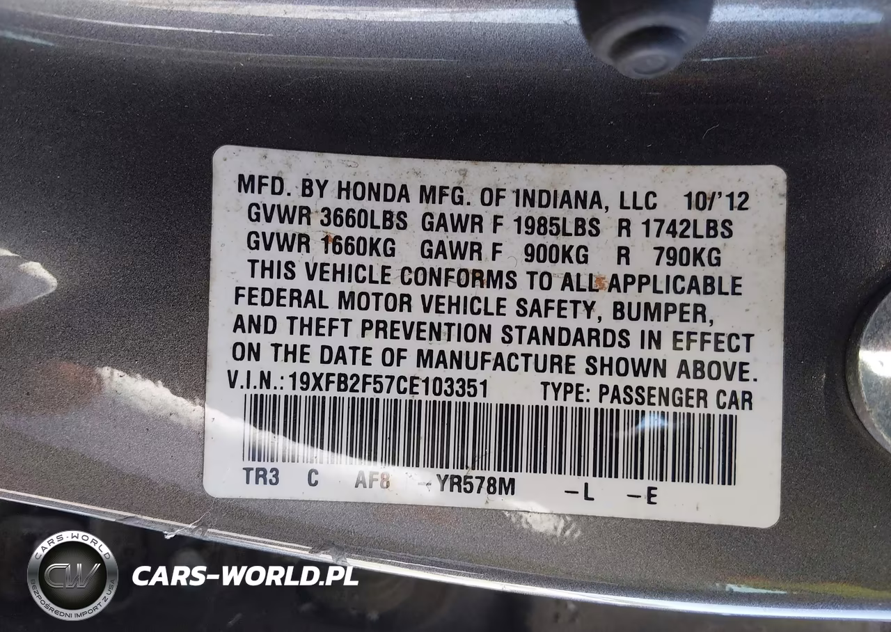 2012 Honda Civic Lx VIN:19XFB2F57CE103351 - 9