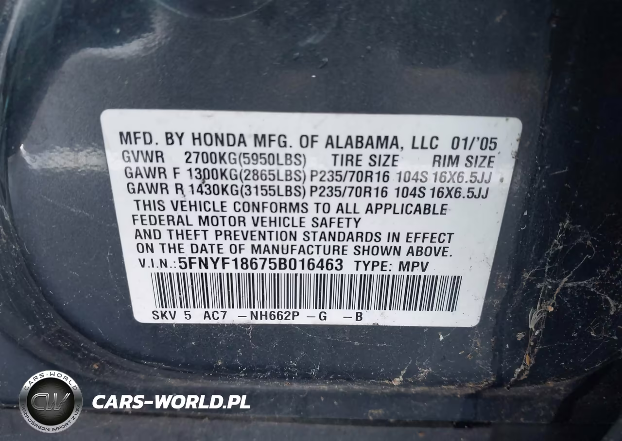 2005 Honda Pilot Ex-L VIN:5FNYF18675B016463 - 9