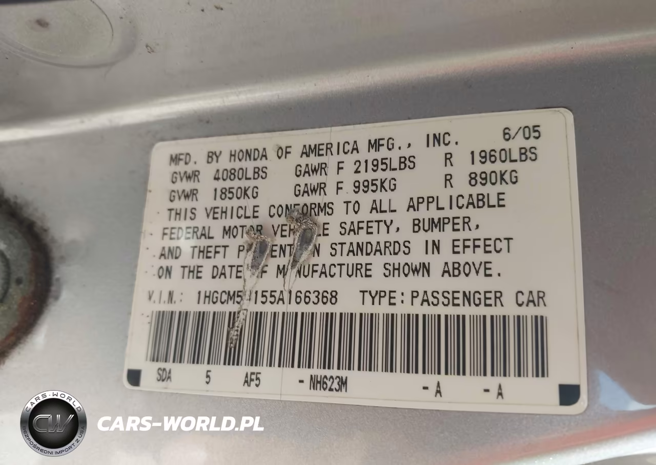 2005 Honda Accord 2.4 Dx VIN:1HGCM56155A166368 - 9