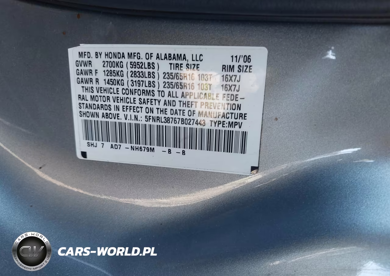 2007 Honda Odyssey Ex-L VIN:5FNRL38767B027443 - 9