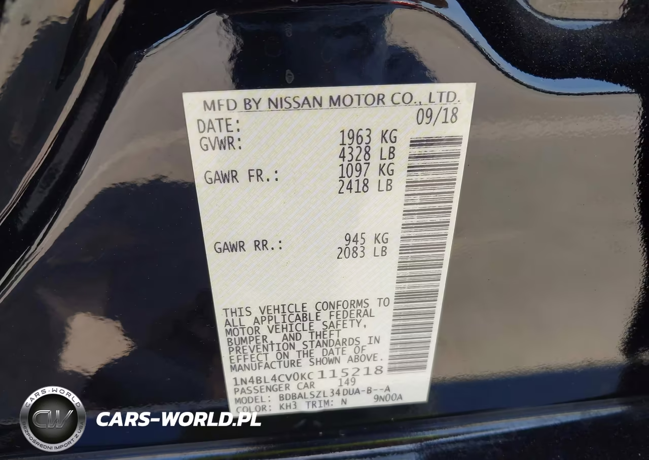 2019 Nissan Altima 2.5 Sr VIN:1N4BL4CV0KC115218 - 9