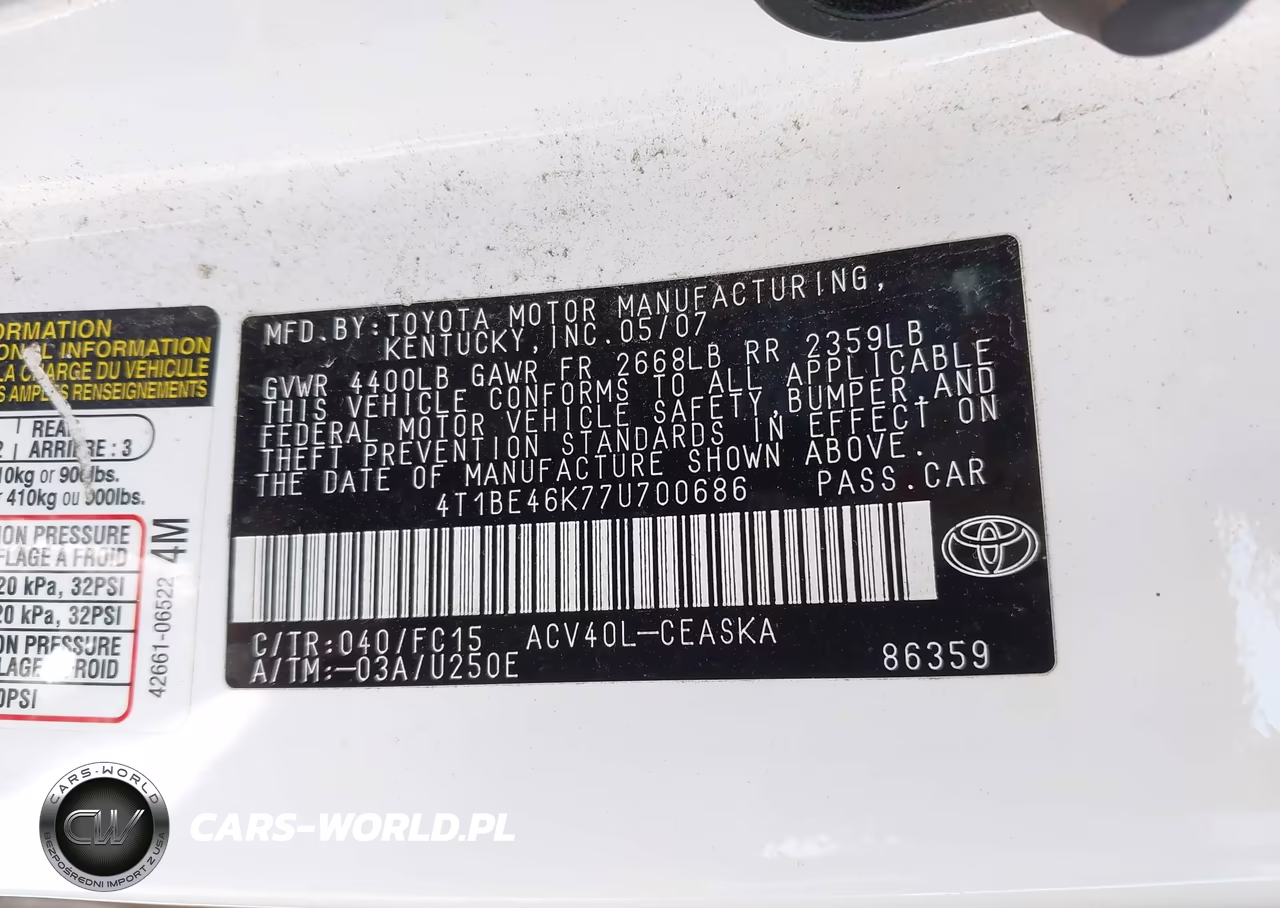 2007 Toyota Camry Se VIN:4T1BE46K77U700686 - 9