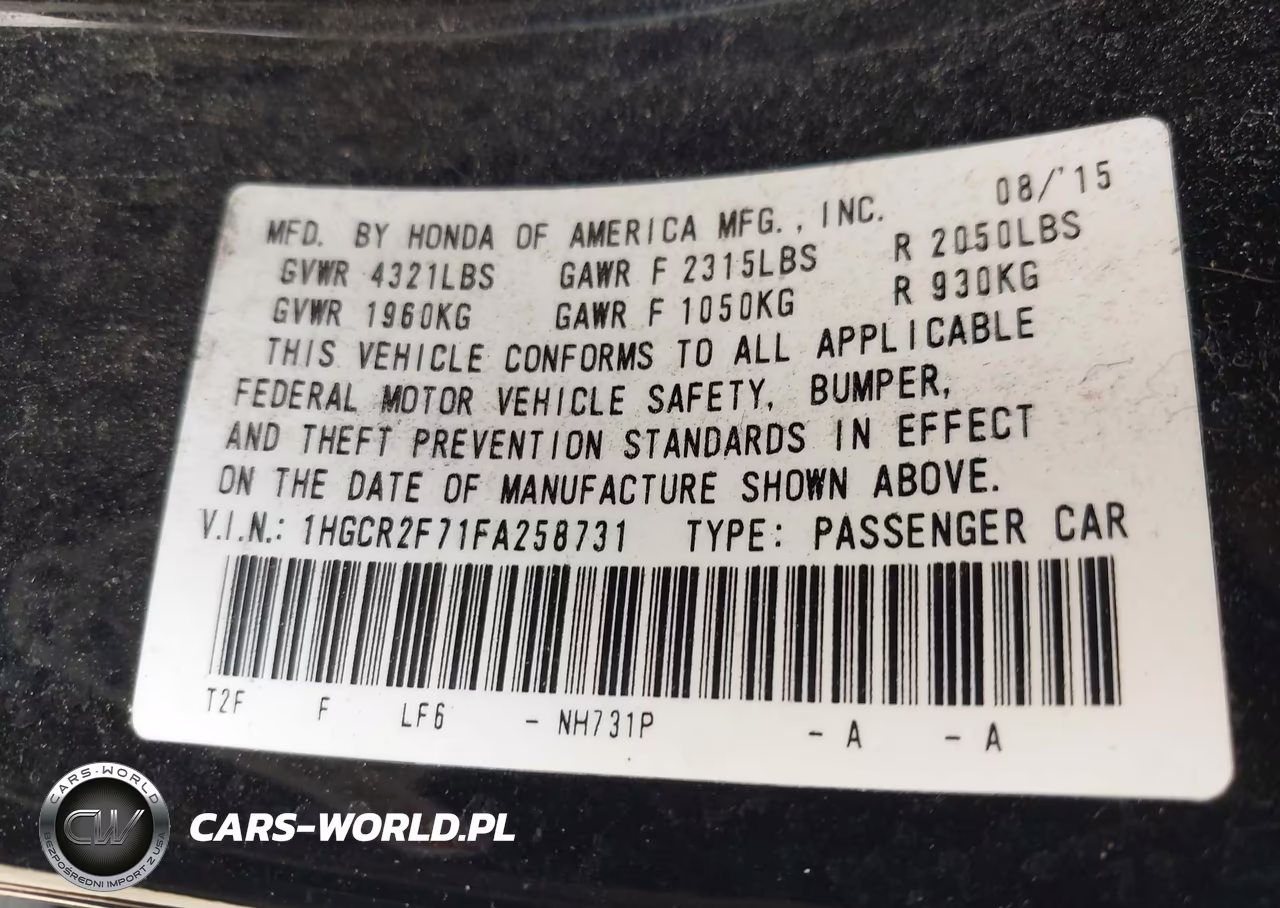 2015 Honda Accord Ex VIN:1HGCR2F71FA258731 - 9