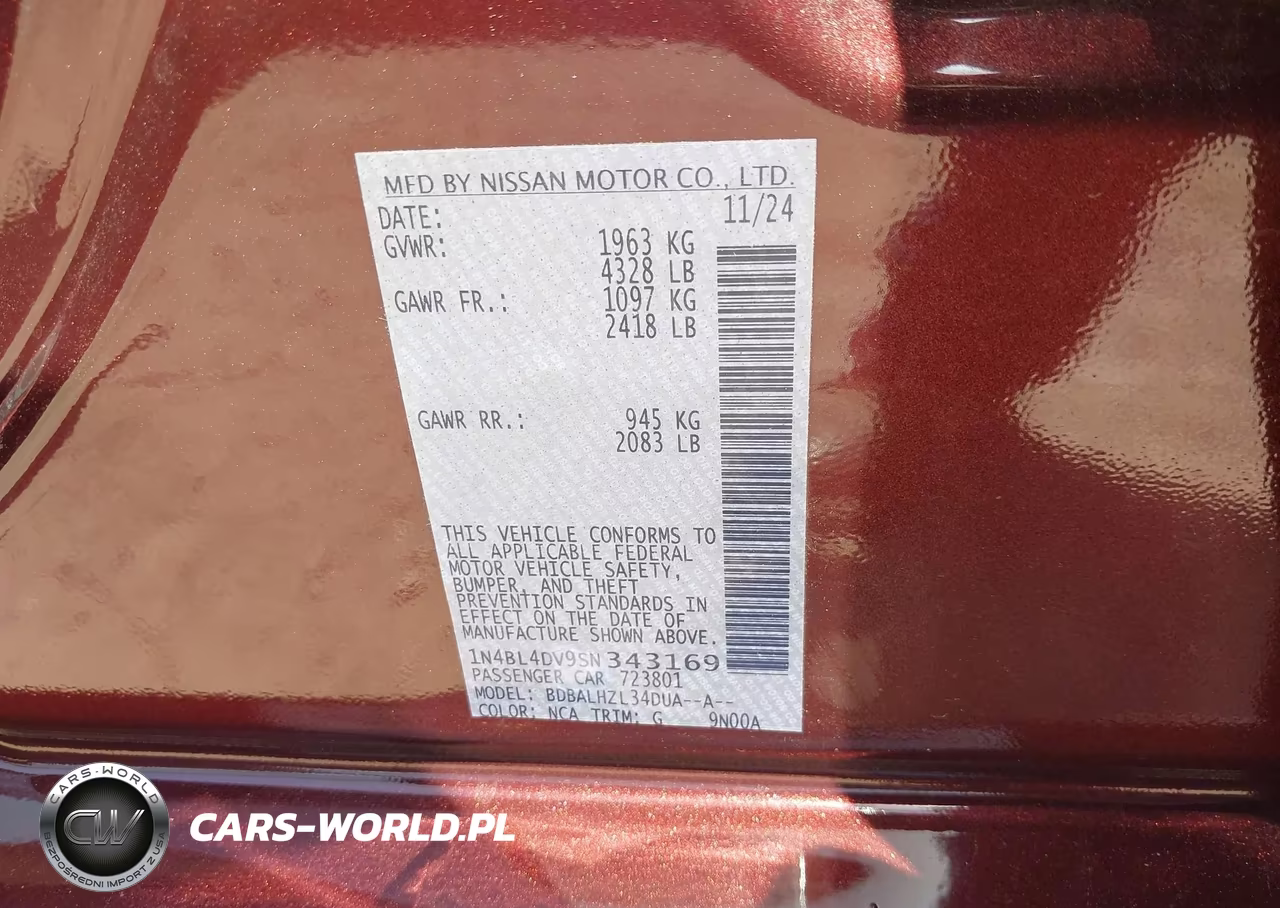 2025 Nissan Altima Sv Fwd VIN:1N4BL4DV9SN343169 - 9